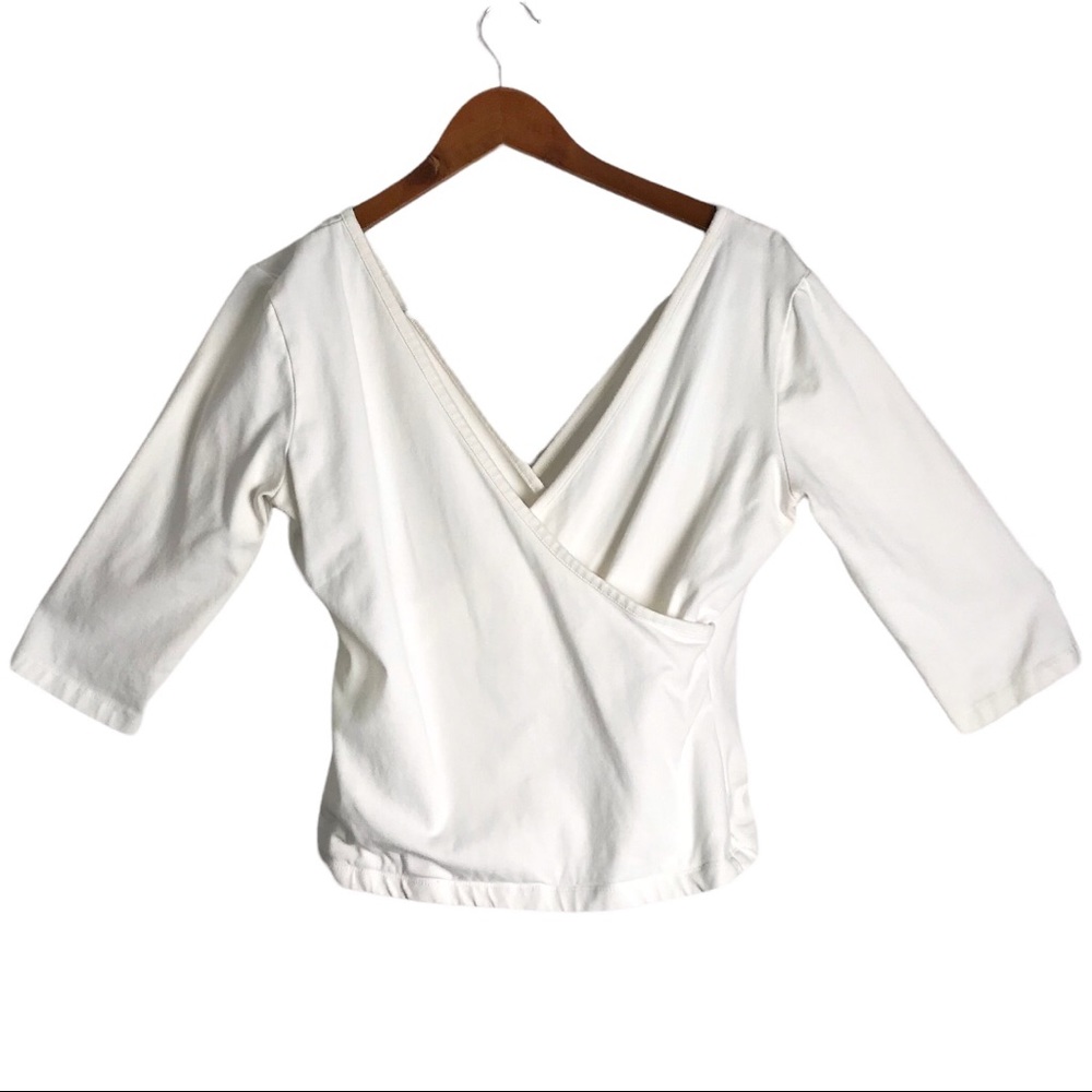 Soft Surroundings Pearl White 3/4 Sleeve Surplice Jersey Faux Wrap Crop Top - Picture 3 of 8